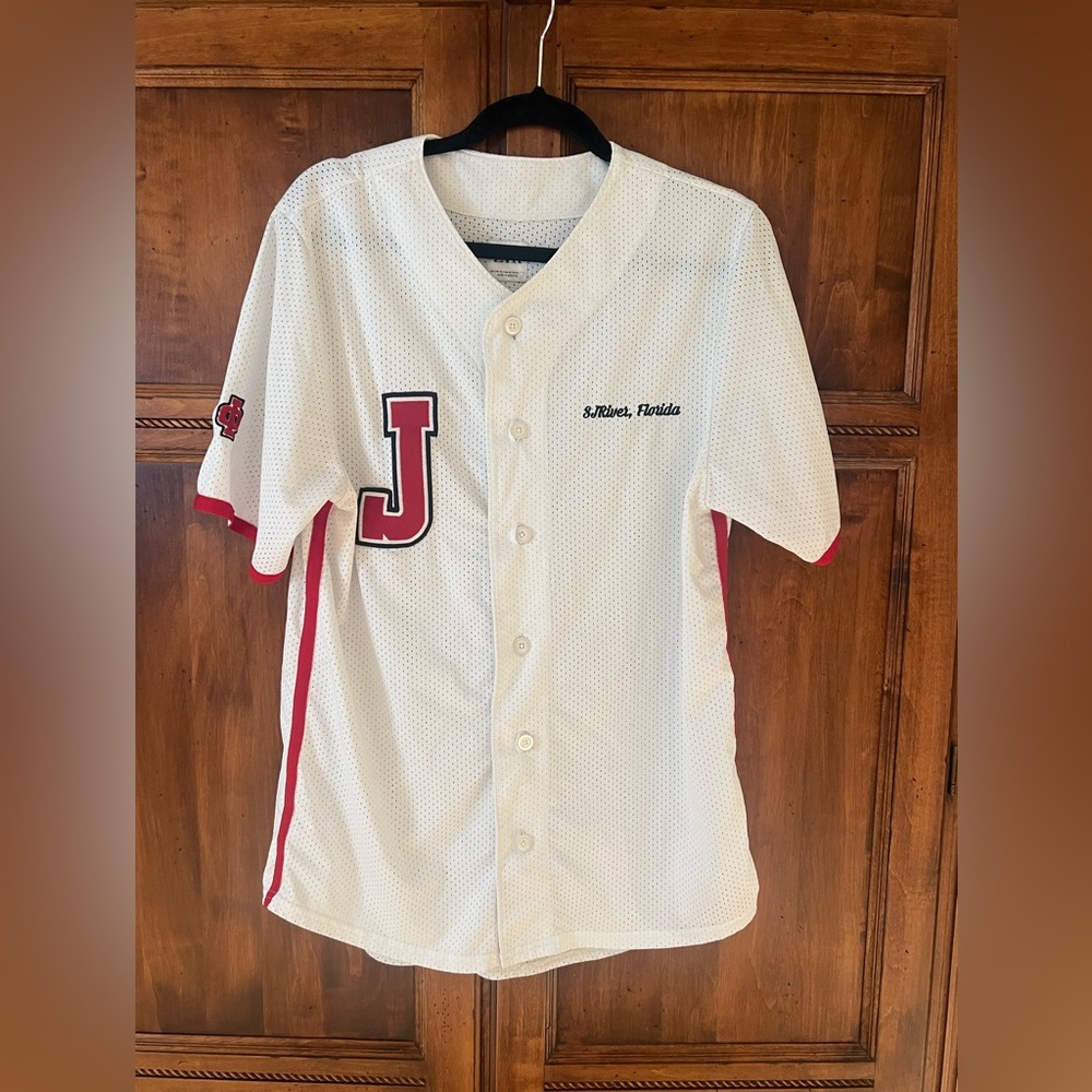 Zara SJR Florida Mesh Jersey | Size S/M | White & Red | Button Front | Like New